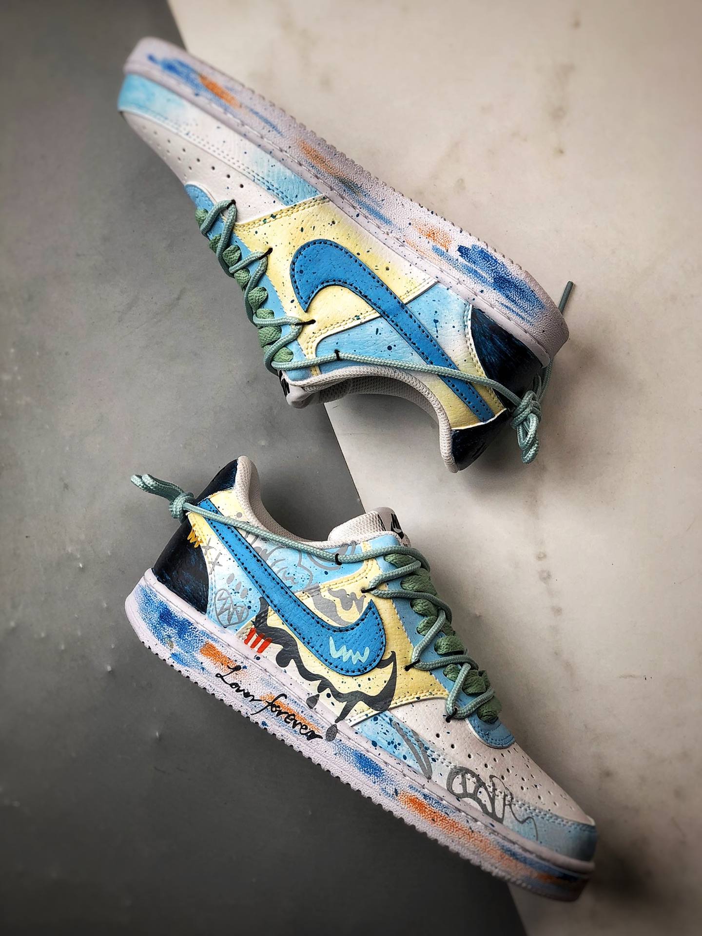 280 【定制球鞋】NK Court Vision 1 Low  ”心动假日” 蛇年天蓝色 手绘泼墨涂鸦定制板鞋  DH2978-055