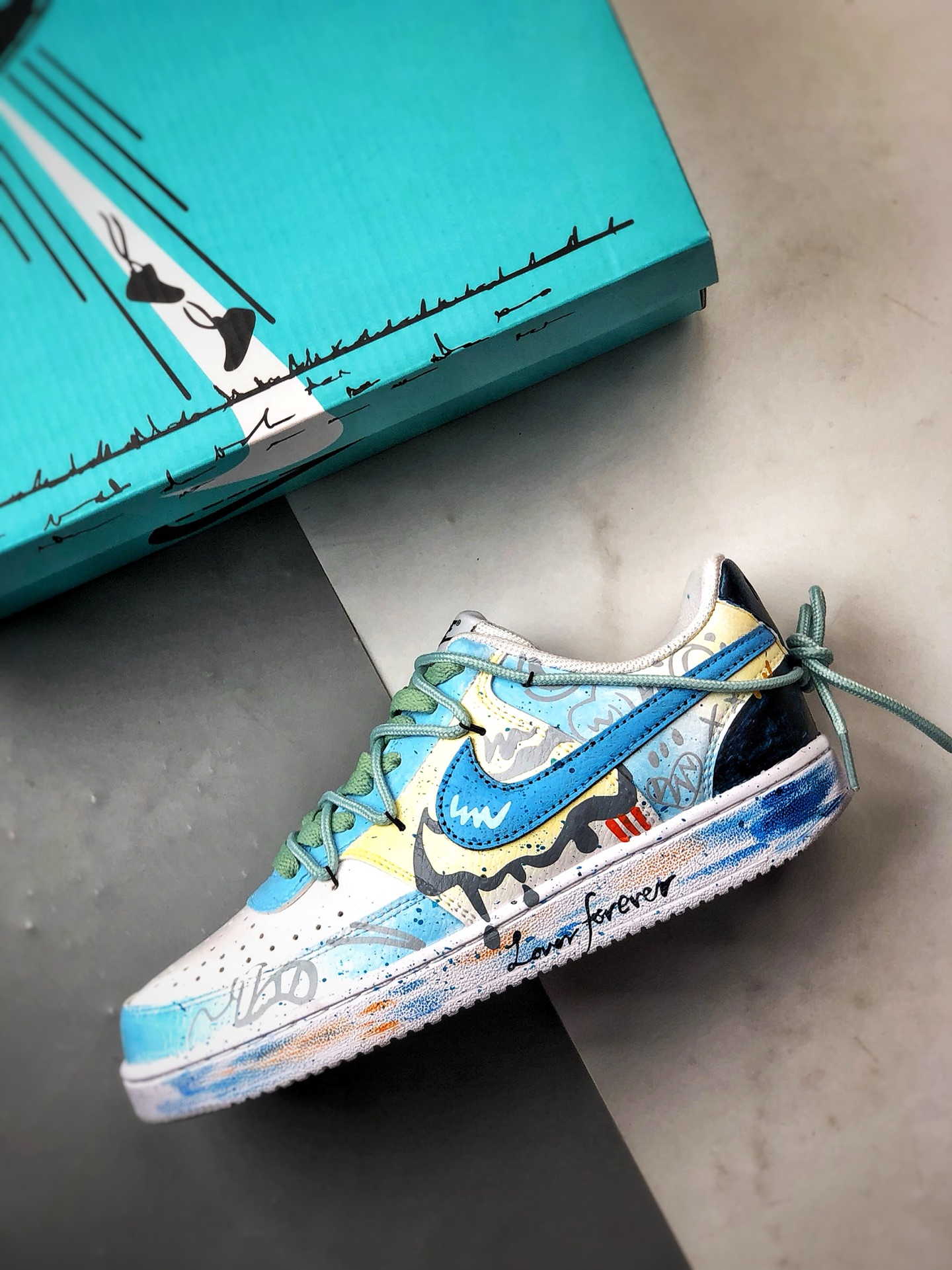 280 【定制球鞋】NK Court Vision 1 Low  ”心动假日” 蛇年天蓝色 手绘泼墨涂鸦定制板鞋  DH2978-055