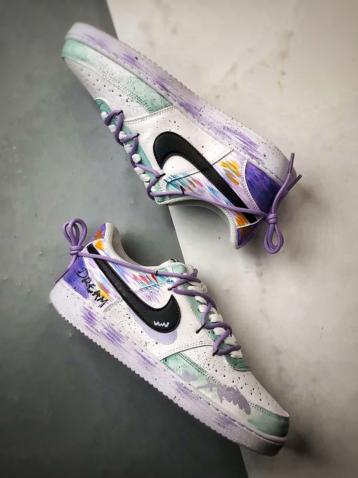 280 【定制球鞋】NK Court Vision 1 Low  ”梦幻秘境” 暗紫罗兰 手绘泼墨涂鸦定制板鞋  DH2987-077