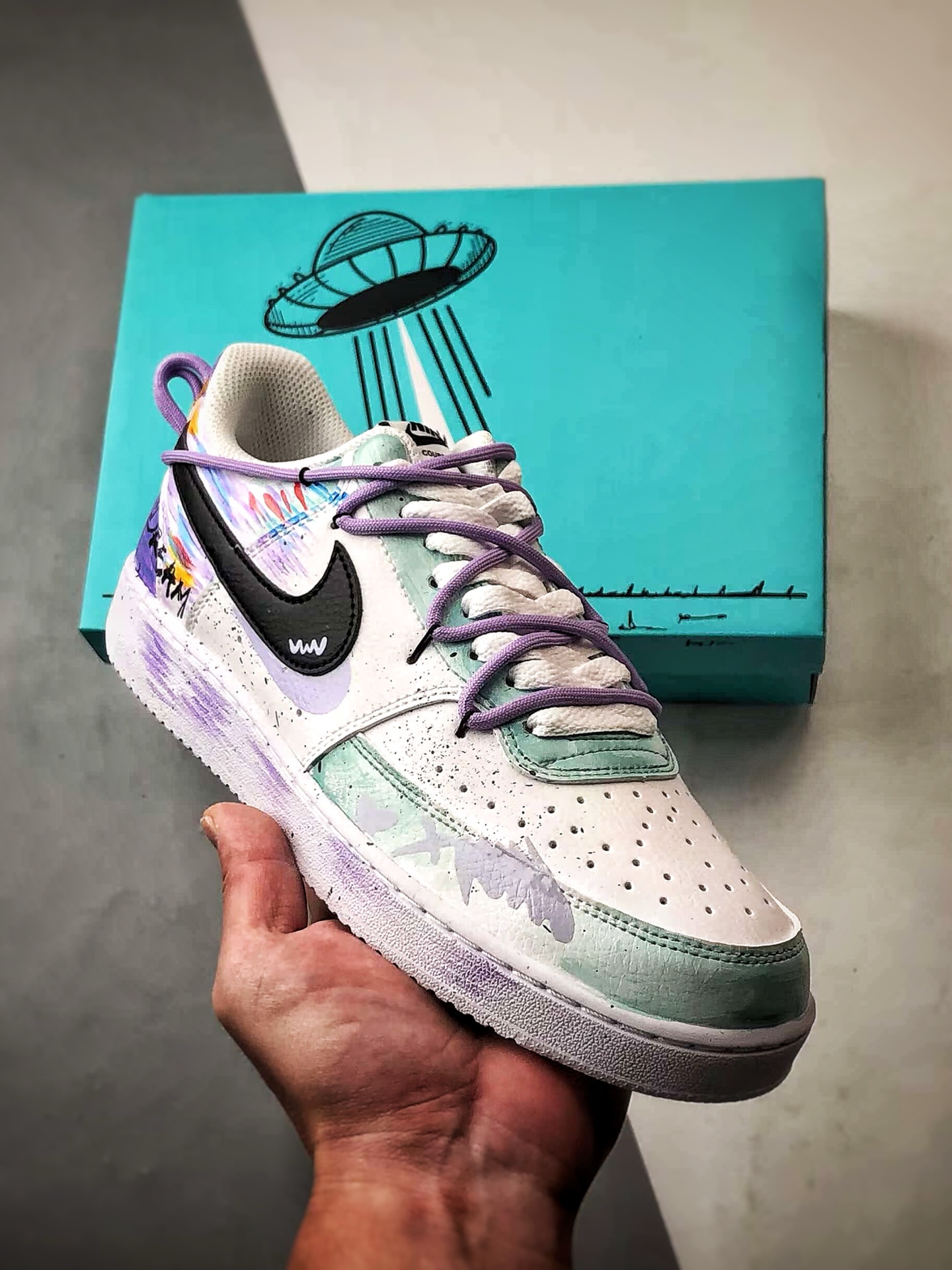 280 【定制球鞋】NK Court Vision 1 Low  ”梦幻秘境” 暗紫罗兰 手绘泼墨涂鸦定制板鞋  DH2987-077