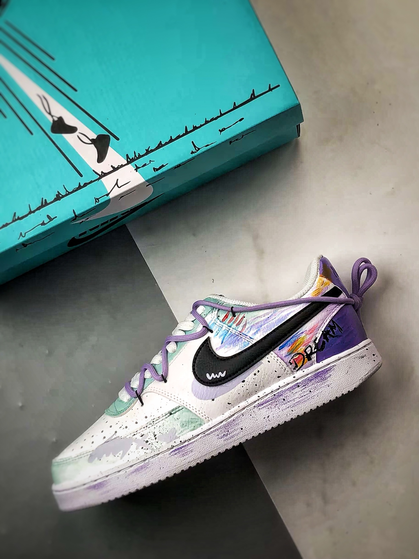 280 【定制球鞋】NK Court Vision 1 Low  ”梦幻秘境” 暗紫罗兰 手绘泼墨涂鸦定制板鞋  DH2987-077