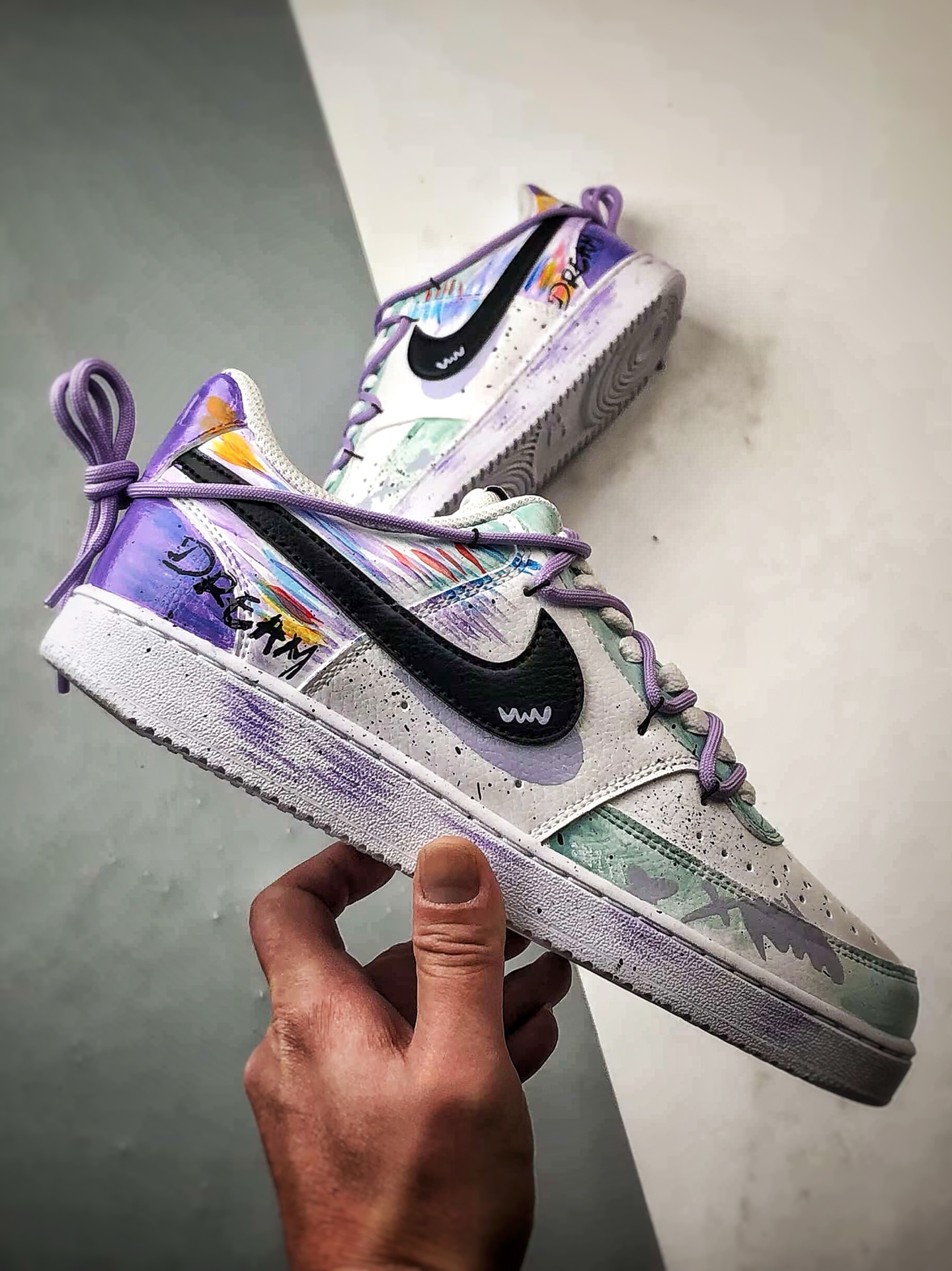280 【定制球鞋】NK Court Vision 1 Low  ”梦幻秘境” 暗紫罗兰 手绘泼墨涂鸦定制板鞋  DH2987-077