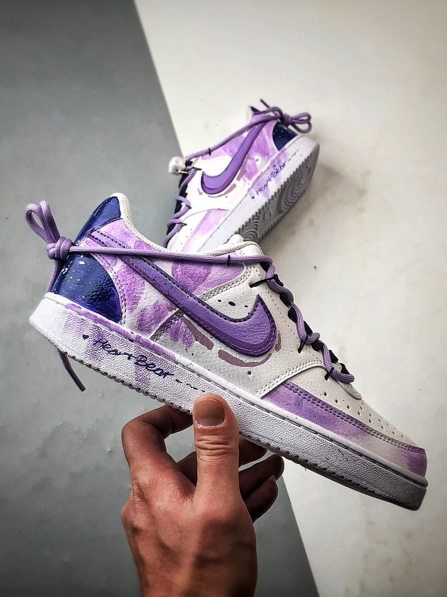 280 【定制球鞋】NK Court Vision 1 Low  ”坠落银河” 白紫渐变 手绘泼墨涂鸦定制板鞋  DH2987-066