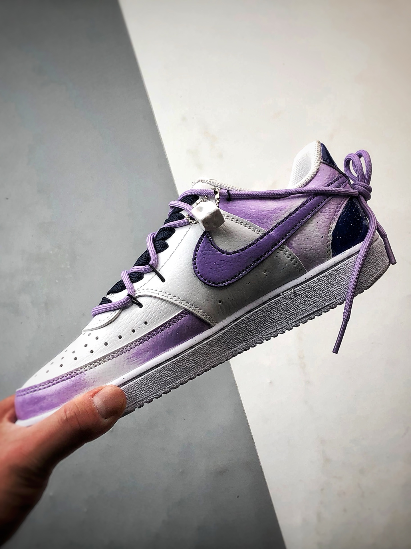 280 【定制球鞋】NK Court Vision 1 Low  ”坠落银河” 白紫渐变 手绘泼墨涂鸦定制板鞋  DH2987-066
