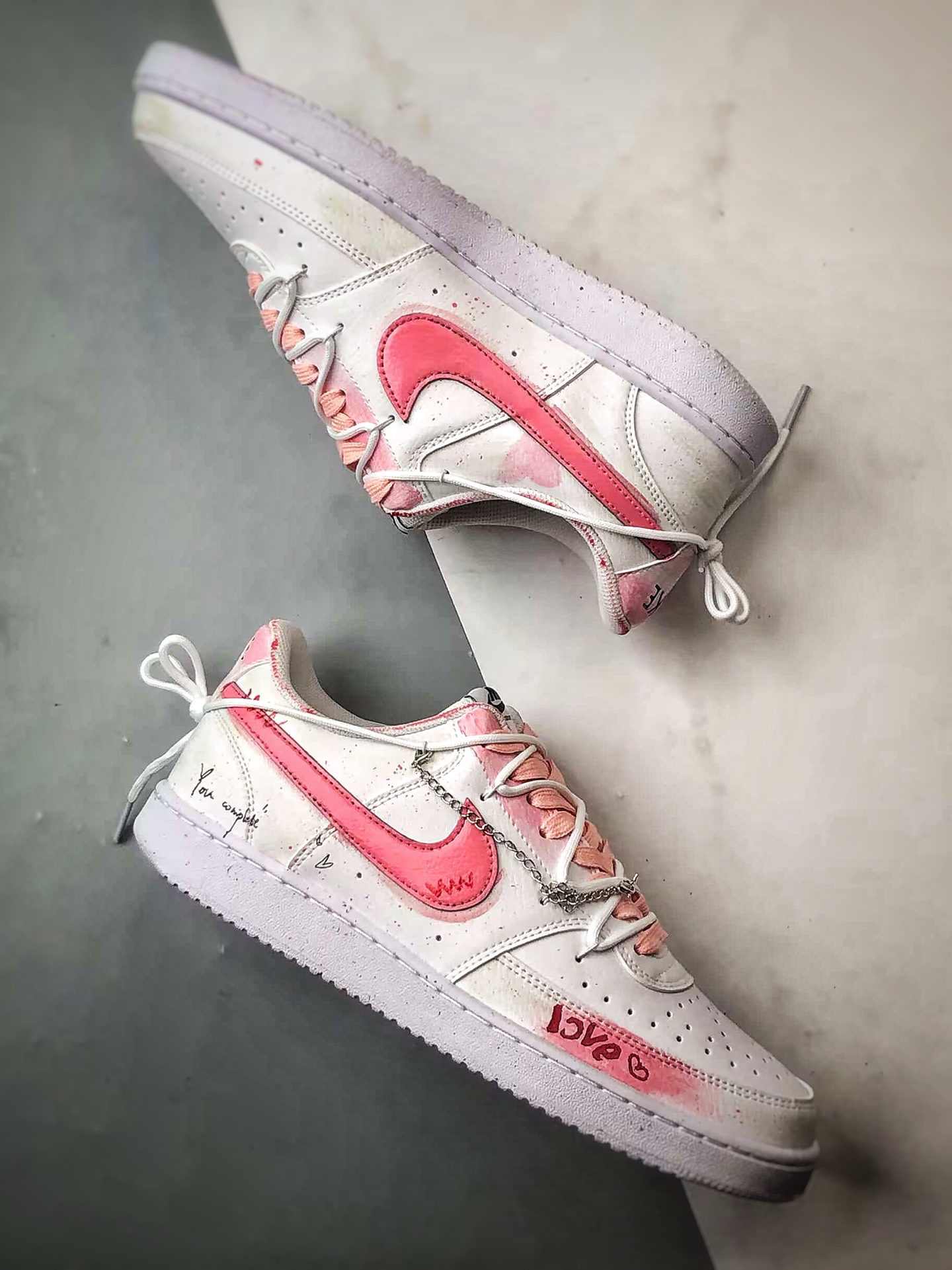 定制球鞋NK Court Vision 1 Low ”涂鸦幸福角” 粉白 手绘泼墨涂鸦定制板鞋 DH2987-213