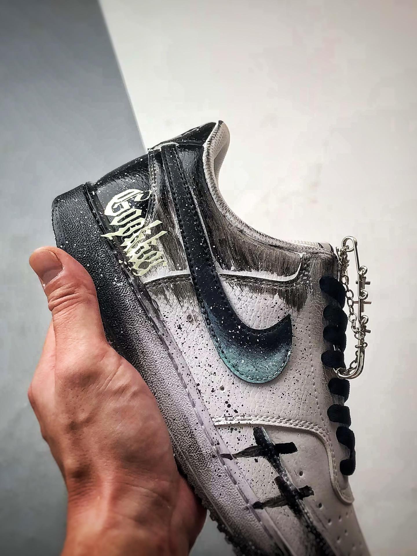 定制球鞋NK Court Vision 1 Low ”幻影十字架” 黑白 手绘泼墨涂鸦定制板鞋 DH2987-099