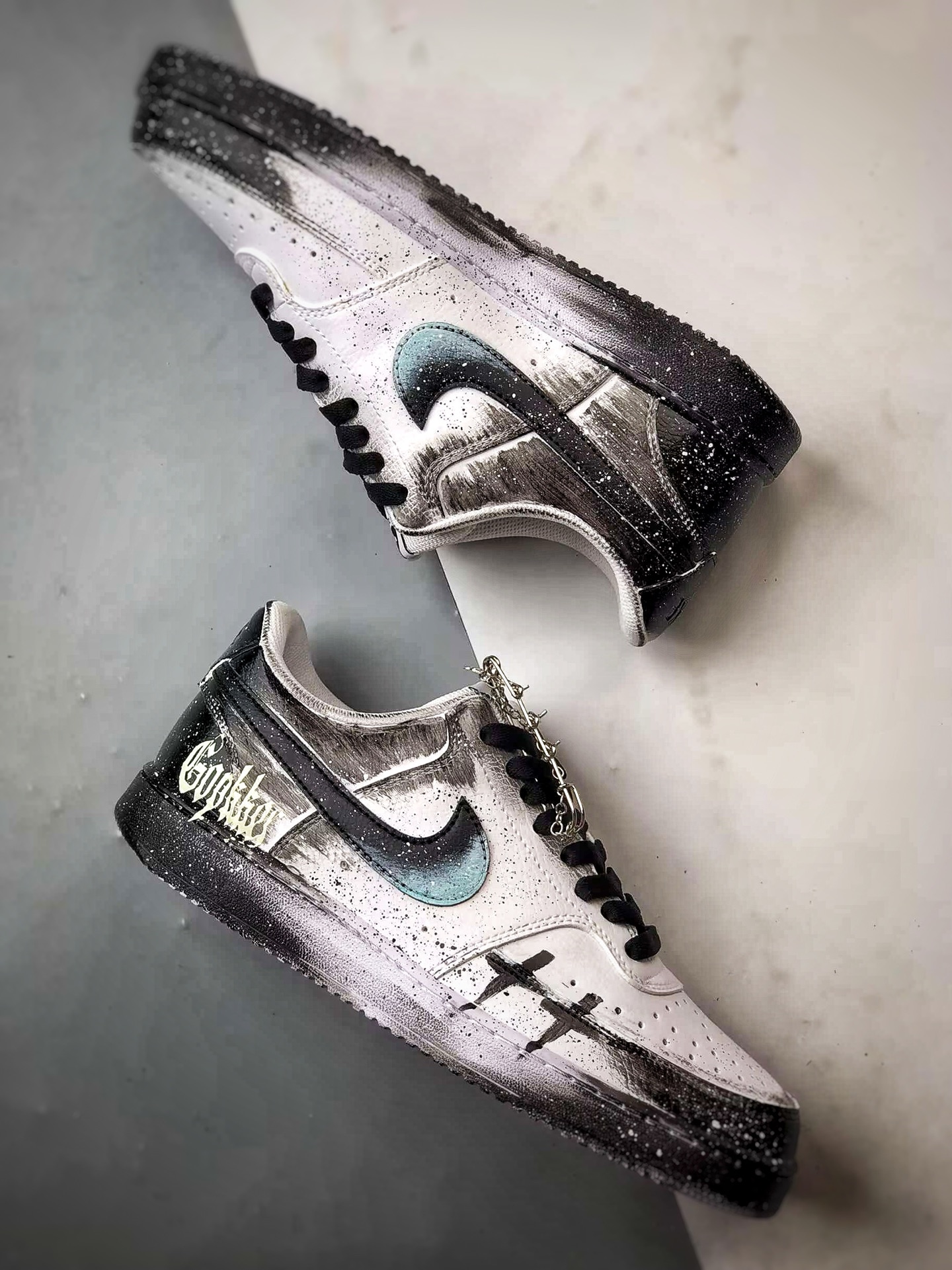 定制球鞋NK Court Vision 1 Low ”幻影十字架” 黑白 手绘泼墨涂鸦定制板鞋 DH2987-099