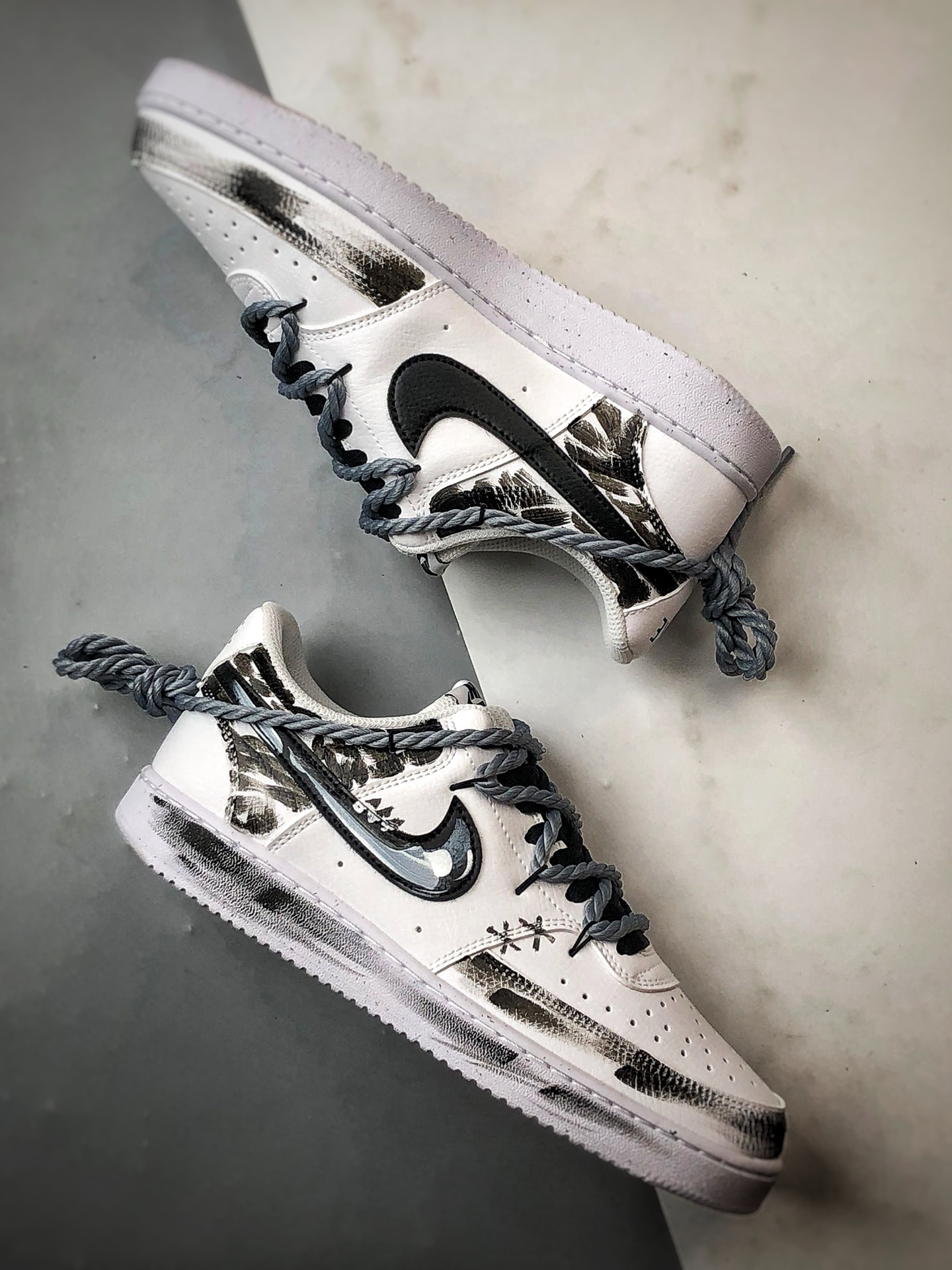 280 定制球鞋NK Court Vision 1 Low ”暗黑天使” 黑白 手绘泼墨涂鸦定制板鞋 DH2987-211