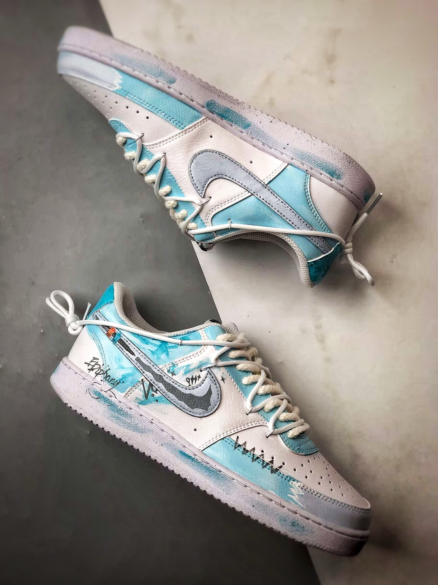 280 【定制球鞋】NK Court Vision 1 Low ”梦熠星河” 白蓝灰 手绘泼墨涂鸦定制板鞋 DH2987-218