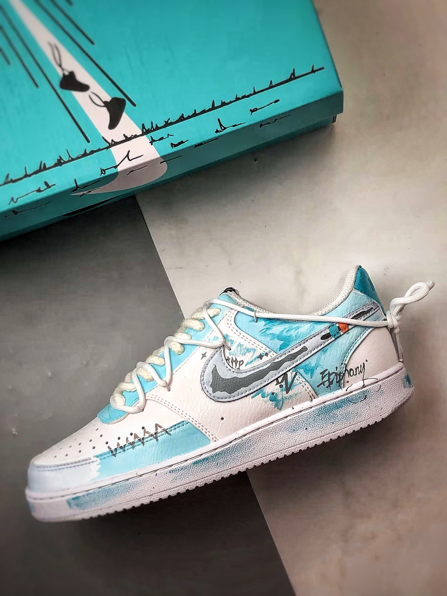 280 【定制球鞋】NK Court Vision 1 Low ”梦熠星河” 白蓝灰 手绘泼墨涂鸦定制板鞋 DH2987-218