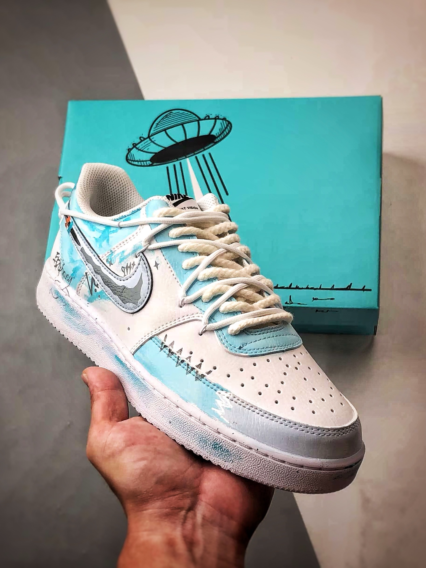 280 【定制球鞋】NK Court Vision 1 Low ”梦熠星河” 白蓝灰 手绘泼墨涂鸦定制板鞋 DH2987-218