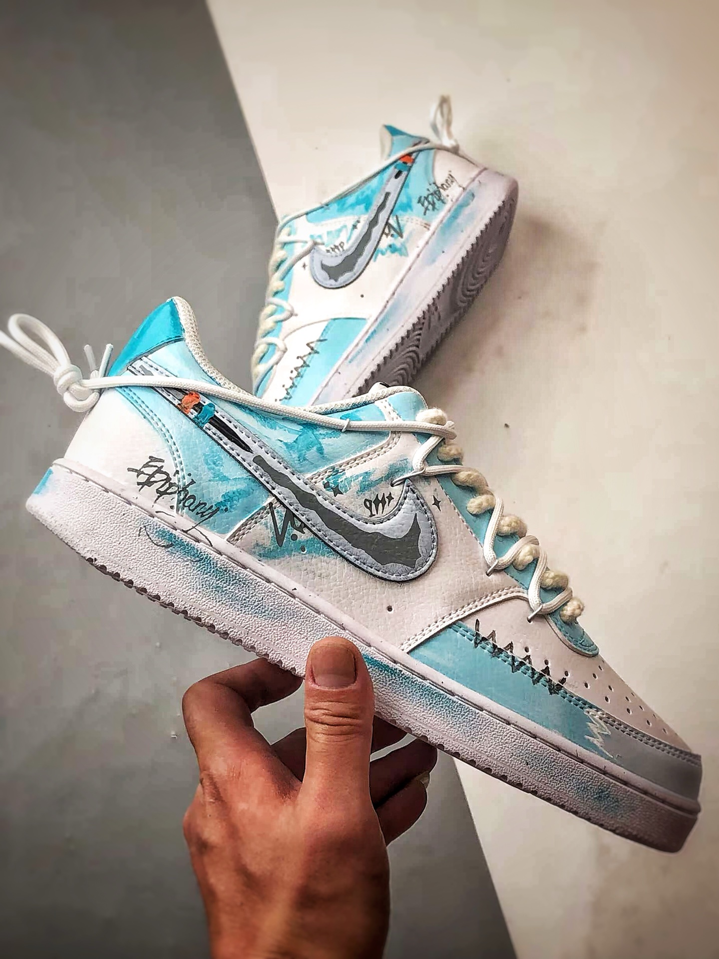 280 【定制球鞋】NK Court Vision 1 Low ”梦熠星河” 白蓝灰 手绘泼墨涂鸦定制板鞋 DH2987-218