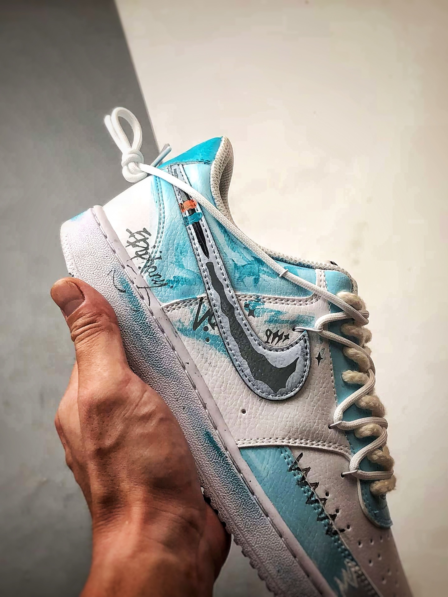 280 【定制球鞋】NK Court Vision 1 Low ”梦熠星河” 白蓝灰 手绘泼墨涂鸦定制板鞋 DH2987-218