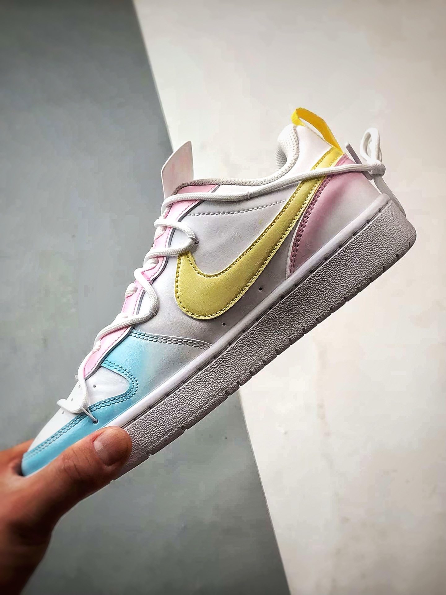【定制球鞋】NK Court Vision 1 Low ”彩虹云朵” 黄粉蓝 手绘泼墨涂鸦定制板鞋 BQ5448-213