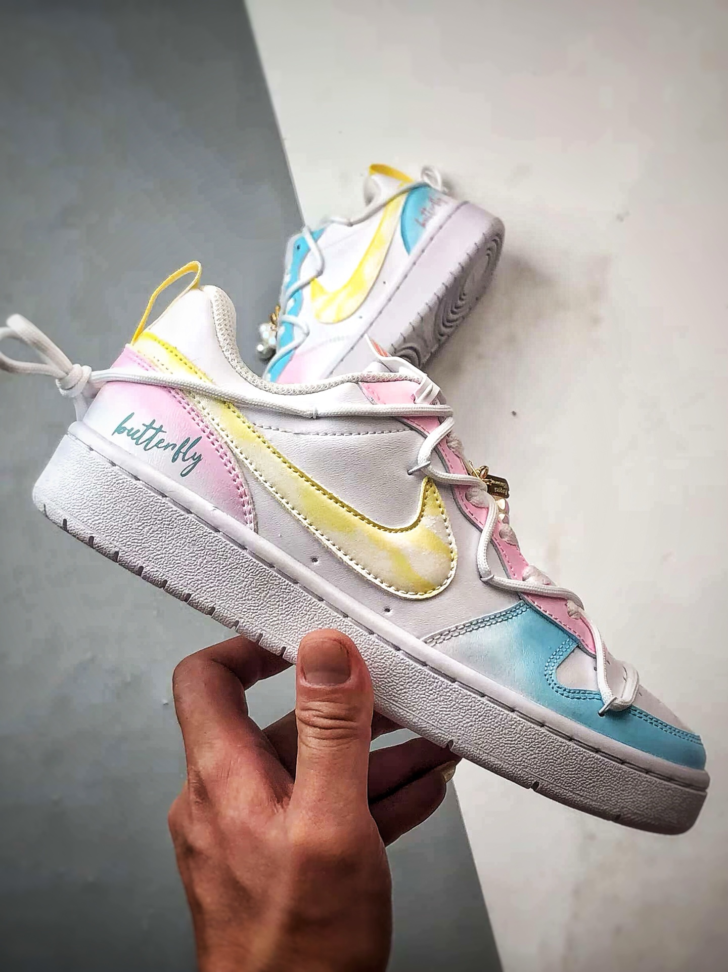 【定制球鞋】NK Court Vision 1 Low ”彩虹云朵” 黄粉蓝 手绘泼墨涂鸦定制板鞋 BQ5448-213