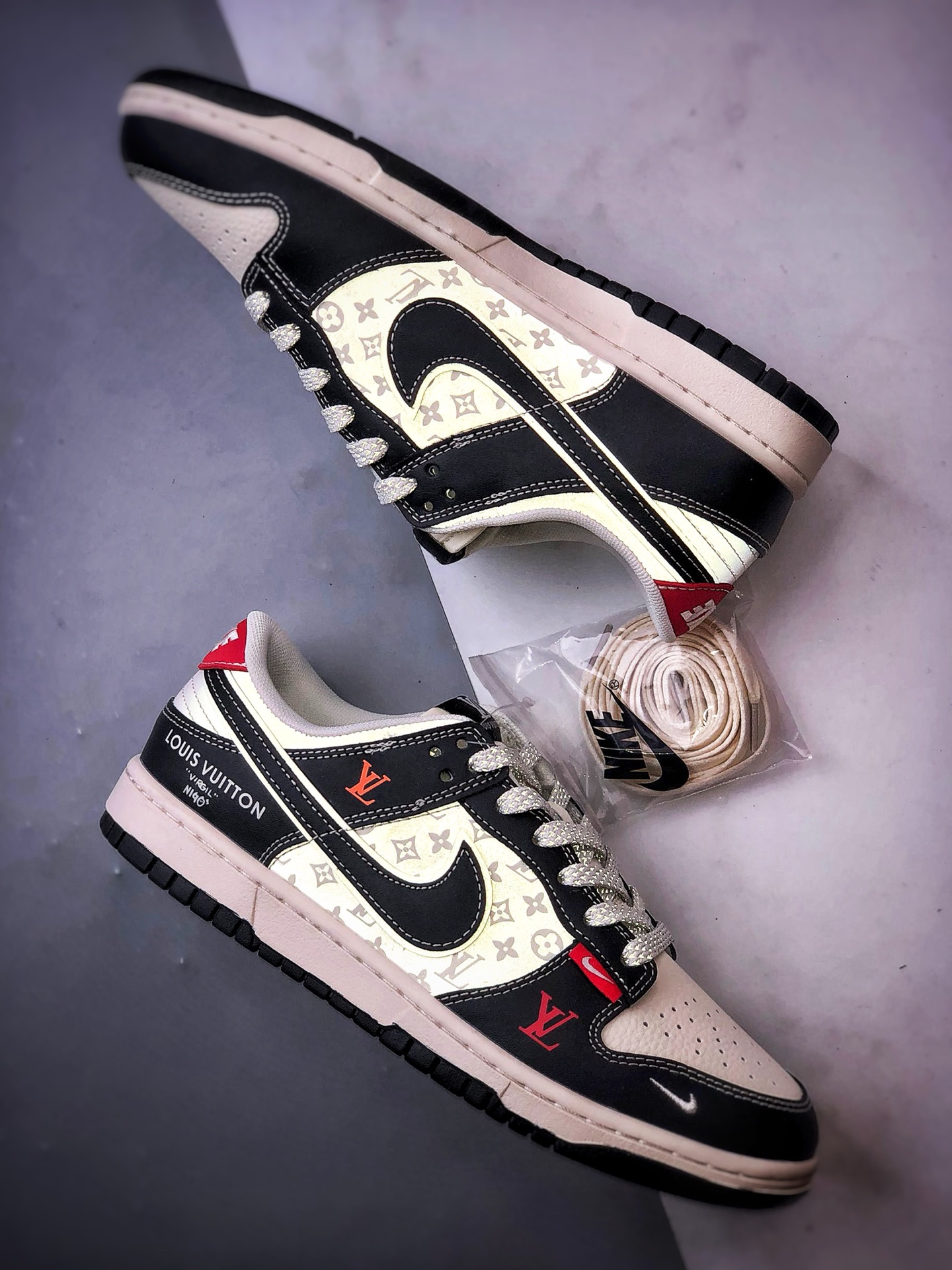 NK Dunk Low Retro ”DIY高端定制” LV印花米白黑反光 低帮休闲运动板鞋 YX5066-358-莆田鞋,莆田鞋货源,高仿鞋,高仿鞋货源,安福档口,莆田高仿鞋,莆田鞋批发,高仿鞋批发,莆田高仿运动鞋,高仿运动鞋,莆田运动鞋 NK Dunk Low Retro ”DIY高端定制” LV印花米白黑反光 低帮休闲运动板鞋 YX5066-358