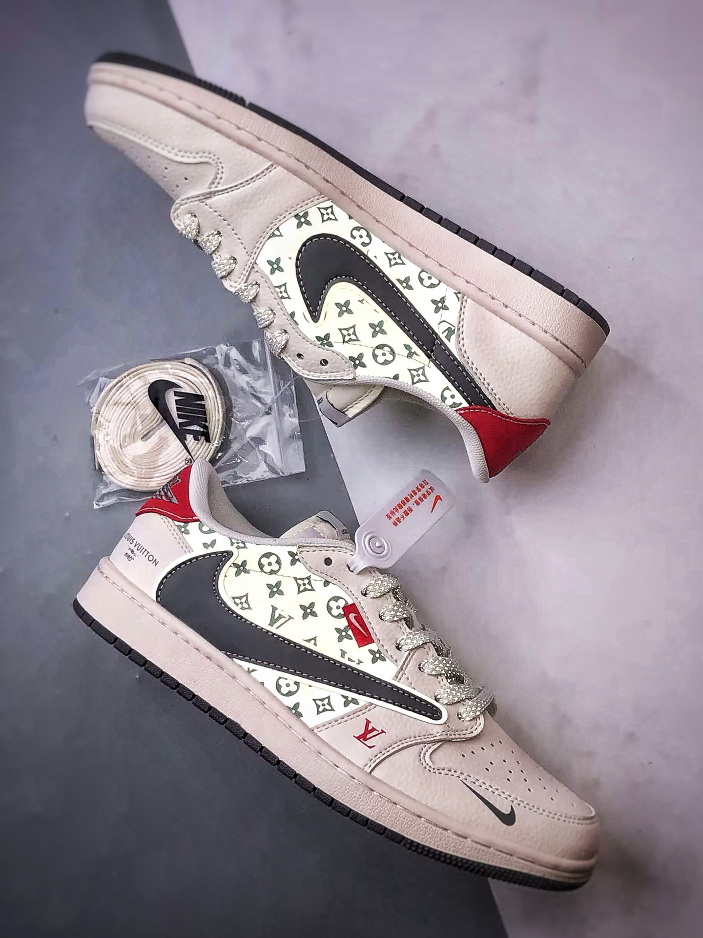 290 Air Jordan 1 Low OG ”高端定制” LV印花米白灰红尾倒钩 YX5066-336