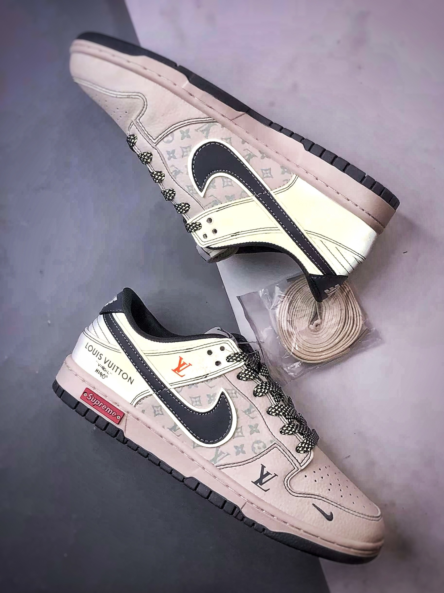 290 NK Dunk Low Retro ”DIY高端定制” LV印花米白灰钩 低帮休闲运动板鞋 YX5066-363