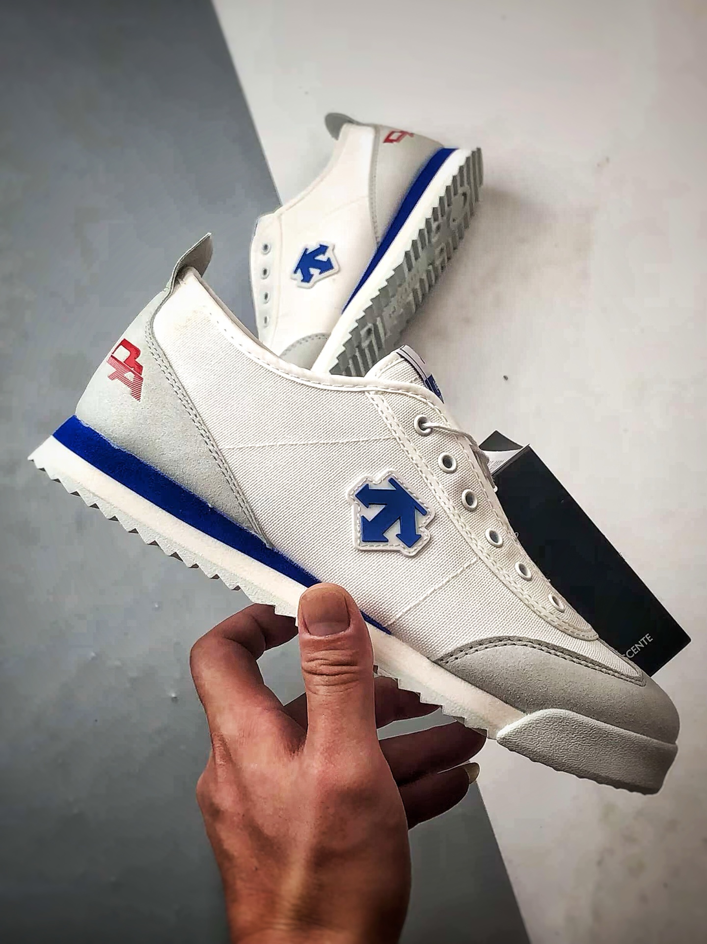 Descente Chron Tempo 白灰蓝 迪桑特帆布一脚蹬轻便生活休闲鞋-莆田鞋,莆田鞋货源,高仿鞋,高仿鞋货源,安福档口,莆田高仿鞋,莆田鞋批发,高仿鞋批发,莆田高仿运动鞋,高仿运动鞋,莆田运动鞋 Descente Chron Tempo 白灰蓝 迪桑特帆布一脚蹬轻便生活休闲鞋