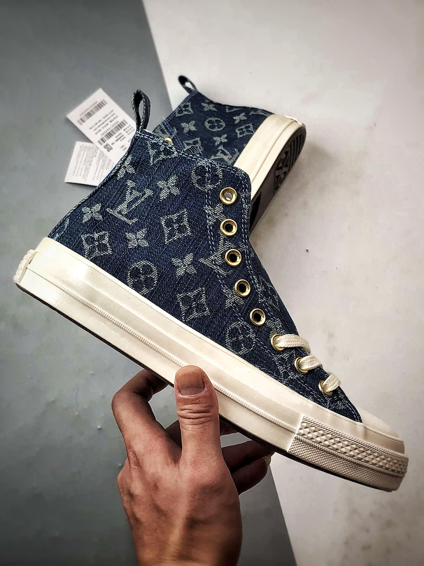 Converse X LV 驴牌 定制联名 丹宁蓝色牛仔高帮防滑耐磨休闲鞋