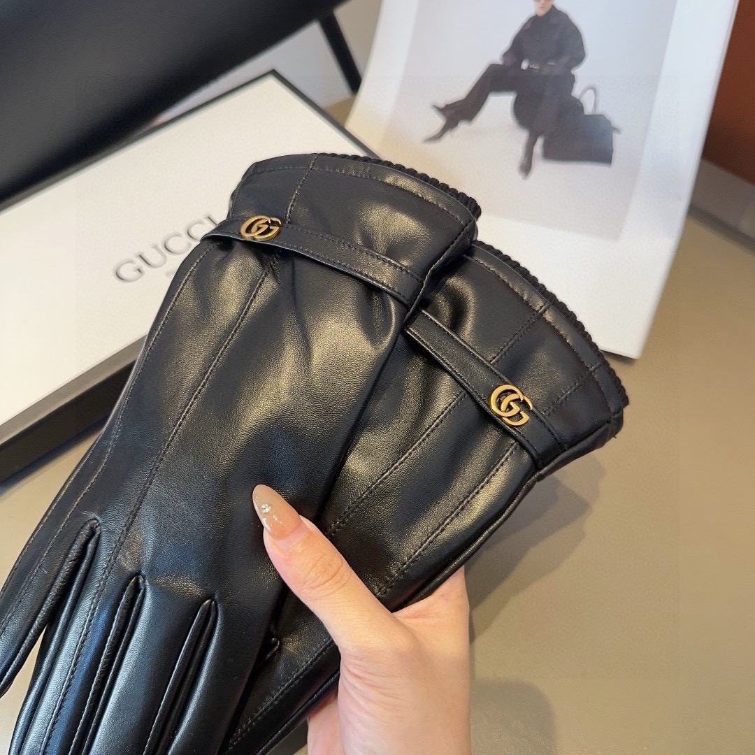 古奇女款羊皮手套，时尚手套，秋冬保暖加绒内里，经典简洁💕上手超舒适柔软、百搭！码数ML