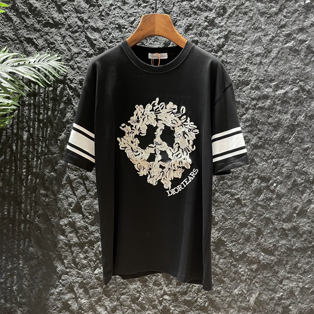 Dior Clothing T-Shirt Black Blue White Embroidery Unisex Combed Cotton