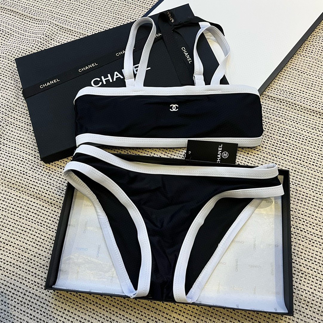Chanel新款比基尼中古套装小香logo印花吊带背心+三角打底裤分体泳衣黑色SMLXL