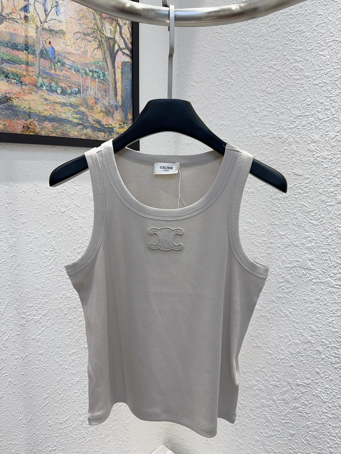 NO:320073,Celin's home!  Special counter model!  Chest embroidered Arc de Triomphe logo pattern customized mercerated cotton fabric sleeveless vest!  The three-standard feel is excellent!  Four colors!  S/M/L, shipped in stock!  (M size bust 76 length 49), celine,alexander wang19860909Celin家！专柜款！胸口刺绣凯旋门logo图案定制丝光棉面料无袖背心！手感爆赞三标齐全！四色！码数S/M/L,现货发！(M码胸围76衣长49),,celine,alexander wang,Women's clothing