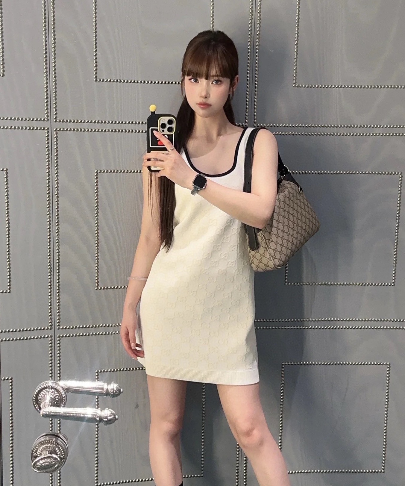 NO:433292,GG Home!  Special counter model!  Double G letter logo pattern jacquard sleeveless contrasting color knitted dress!  Complete three standards!  S/M/L, shipped in stock!  (M size bust 84 skirt length 82), gucci, skirts, alexander wang19860909GG家！专柜款！双G字母logo图案提花无袖撞色针织连衣裙！三标齐全！码数S/M/L,现货发！(M码胸围84裙长82),,gucci,skirts,alexander wang,Women's clothing