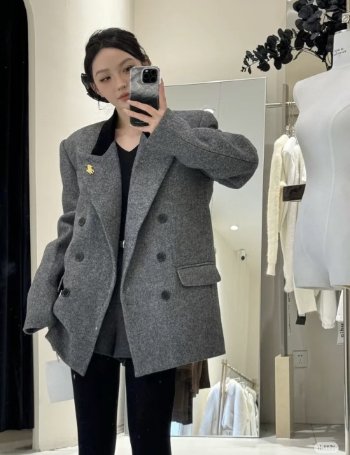 Yves Saint Laurent Wool Blazer - Gray, Velvet Trim, Double-Breasted, Chic 1 Yves Saint Laurent Wool Blazer - Gray, Velvet Trim, Double-Breasted, Chic