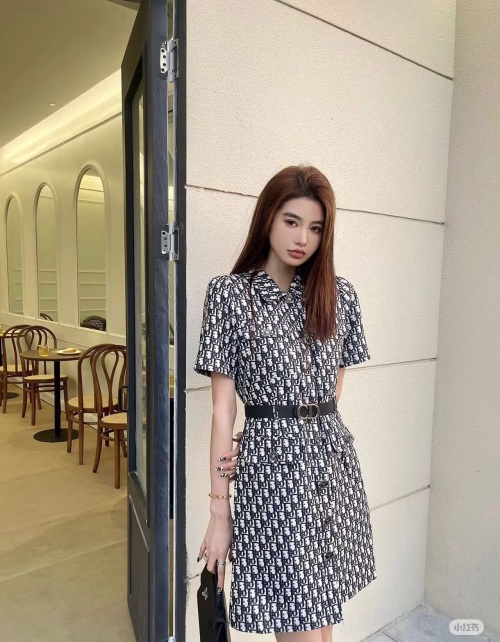 DIOR Oblique Pattern Belted Mini Dress, Short Sleeve A-Line Silhouette 1 DIOR Oblique Pattern Belted Mini Dress, Short Sleeve A-Line Silhouette