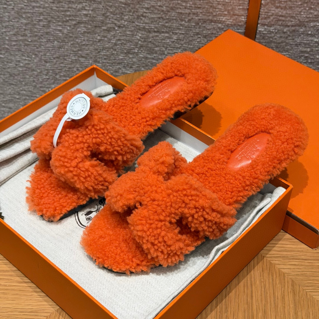 HERMES Oran тапочки из овчины, шлепанцы с одной перемычкой, женские, весенне-осенние, модная классика