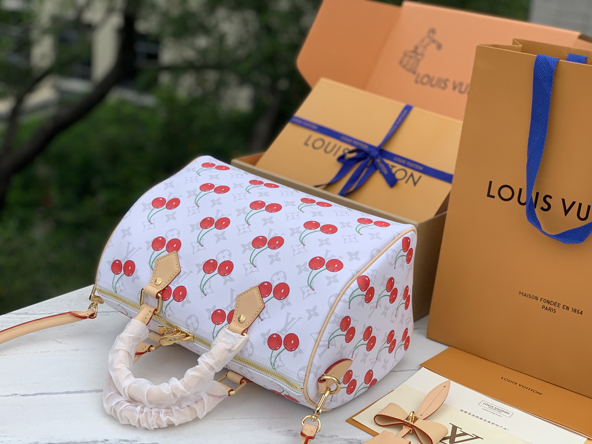 【原厂特惠】💰1180 m14238  尺寸:30×21×17cm 
LV村上系列的樱桃枕头包，为经典的Speedy 30，带来了全新的时尚视角，甜美的樱桃图案以其鲜明且欢乐的色彩，巧妙地融合于品牌标志性的Monogram涂层帆布之上，形成了独特而引人注目的视觉效果，既展现了品牌的经典底蕴，又不失现代时尚的活力。同时，天然皮革材质精心打造的Toron顶部手柄、可拆卸表带以及独家LV x TM锁头，不仅在质感上体现了极致的奢华，更在细节处彰显了品牌对品质的执着追求。无论是商务场合还是重要社交活动，这款樱桃枕头包都能成为您彰显品味与风格的不二之选。