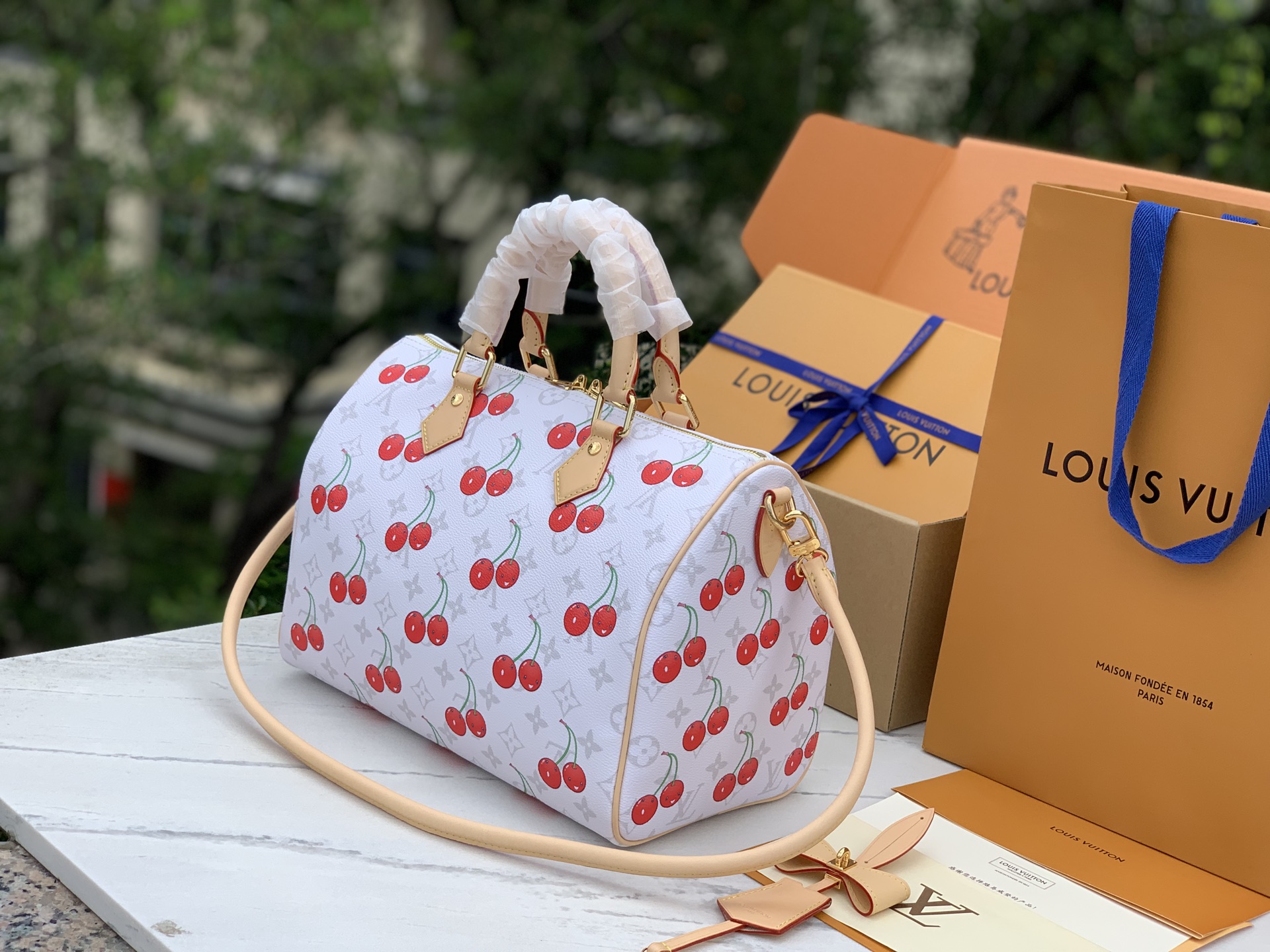 【原厂特惠】💰1180 m14238  尺寸:30×21×17cm 
LV村上系列的樱桃枕头包，为经典的Speedy 30，带来了全新的时尚视角，甜美的樱桃图案以其鲜明且欢乐的色彩，巧妙地融合于品牌标志性的Monogram涂层帆布之上，形成了独特而引人注目的视觉效果，既展现了品牌的经典底蕴，又不失现代时尚的活力。同时，天然皮革材质精心打造的Toron顶部手柄、可拆卸表带以及独家LV x TM锁头，不仅在质感上体现了极致的奢华，更在细节处彰显了品牌对品质的执着追求。无论是商务场合还是重要社交活动，这款樱桃枕头包都能成为您彰显品味与风格的不二之选。