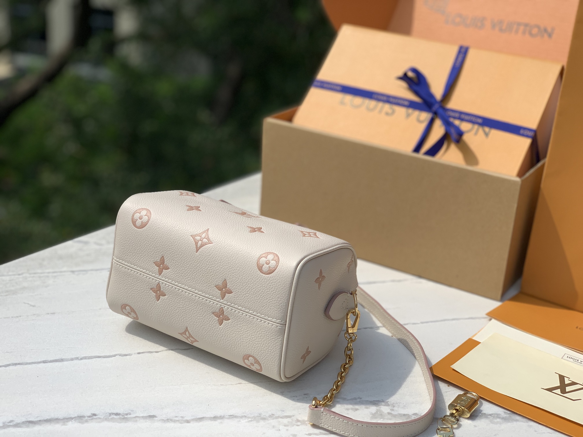 非市场普通货 进口皮料半钢五金 m14291尺寸：13.5 x 12 x 20.5LV新款奶油丝印Spe