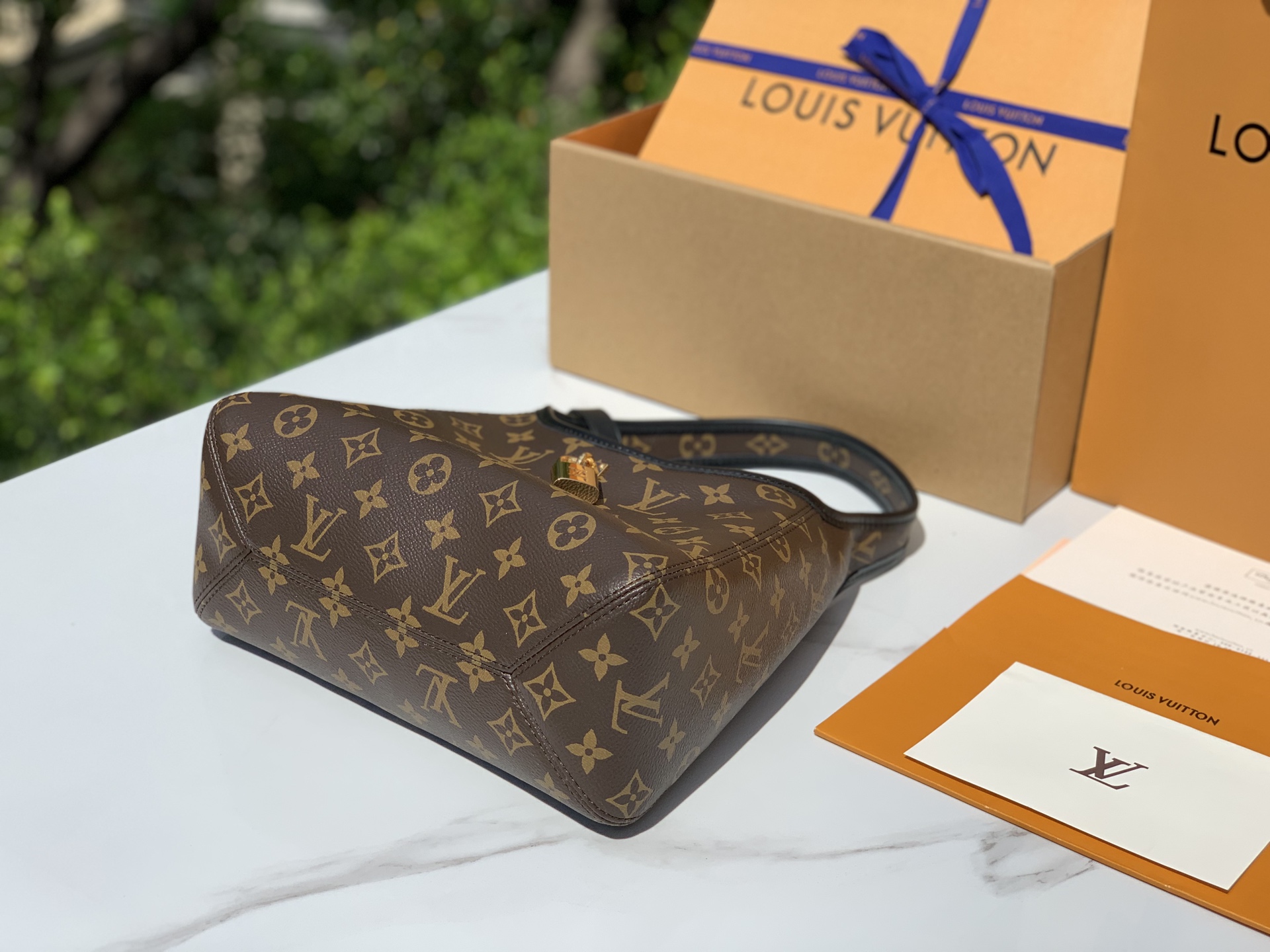 【原厂特惠】 💰880  m12940
尺寸：28/15/12cm
渠道出货，LV 2025年新款The Drop腋下包，确实魅力十足，它汲取了2018年问世的Flower Hobo手袋的灵感。复古爱好者的“一眼沦陷款” 采用经典Monogram帆布，搭配现代极简廓形，呈现出复古与时尚结合的独特风格。做旧的黄铜挂锁镶嵌在深邃的皮革滚边里，为包包增添了复古韵味和细节感。