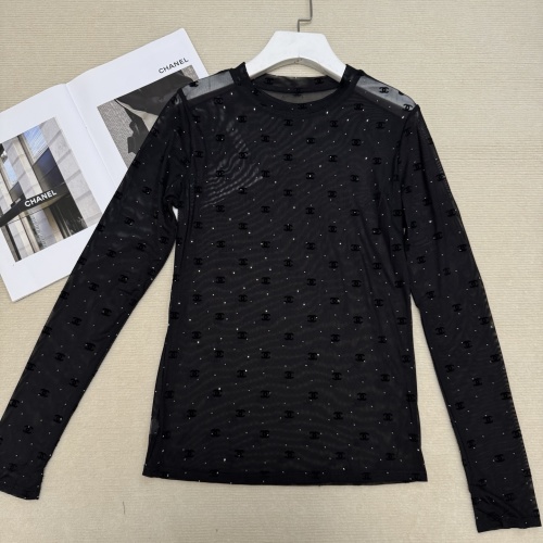 Elegant Chanel Mesh Top with Rhinestone Logo, Long Sleeve, Fall Collection 1 Elegant Chanel Mesh Top with Rhinestone Logo, Long Sleeve, Fall Collection