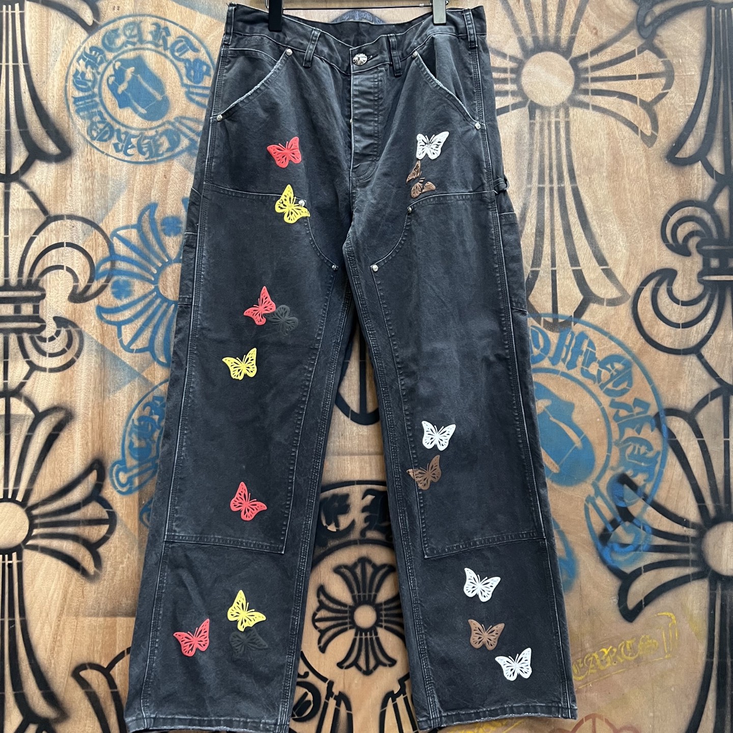 Chrome Hearts Jean Vintage Levi's Remake avec Papillons en Cuir et Argent