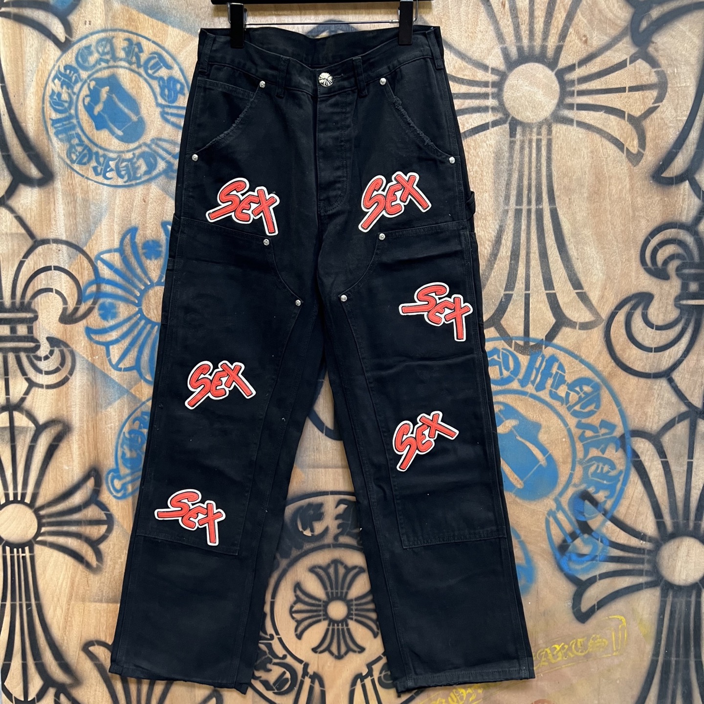 Chrome Hearts x SEX مدينة محدودة بنطلون جينز أسود بتصميم فينتيج للرجال والنساء