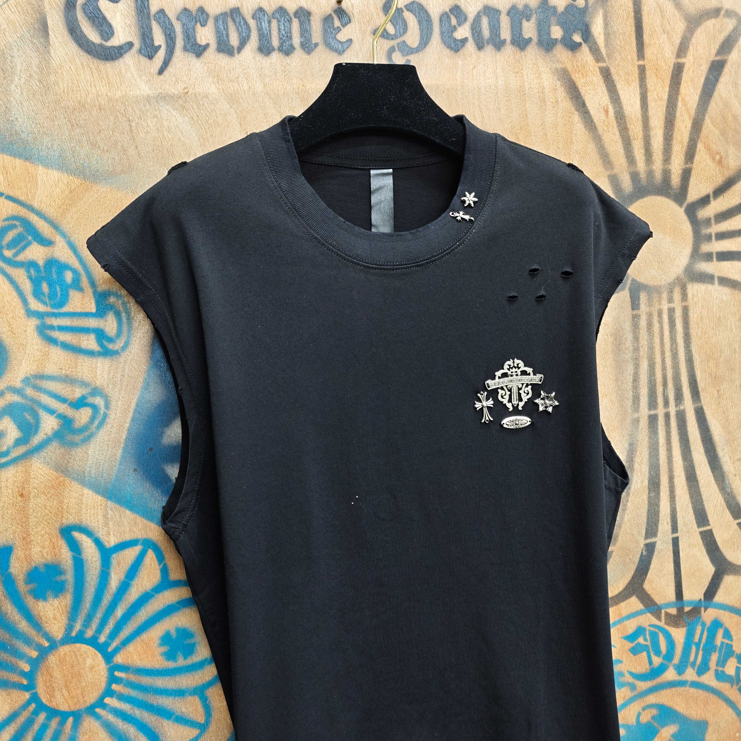 Chrome Hearts Chrome Hearts CH 克罗心重工白色镀银立体印花黑色立体绣花短袖 重工洗水