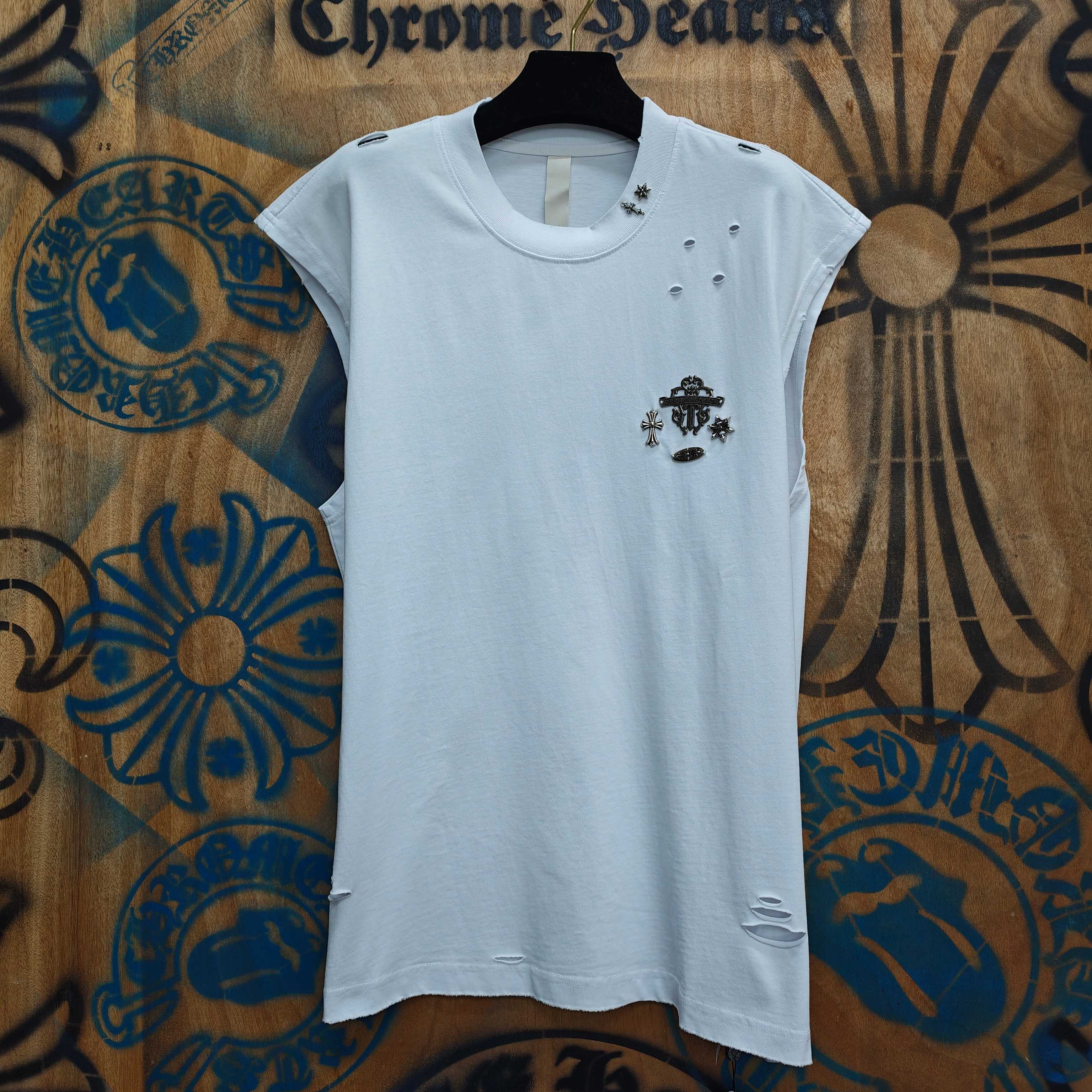 Chrome Hearts Chrome Hearts CH 克罗心重工白色镀银立体印花黑色立体绣花短袖 重工洗水