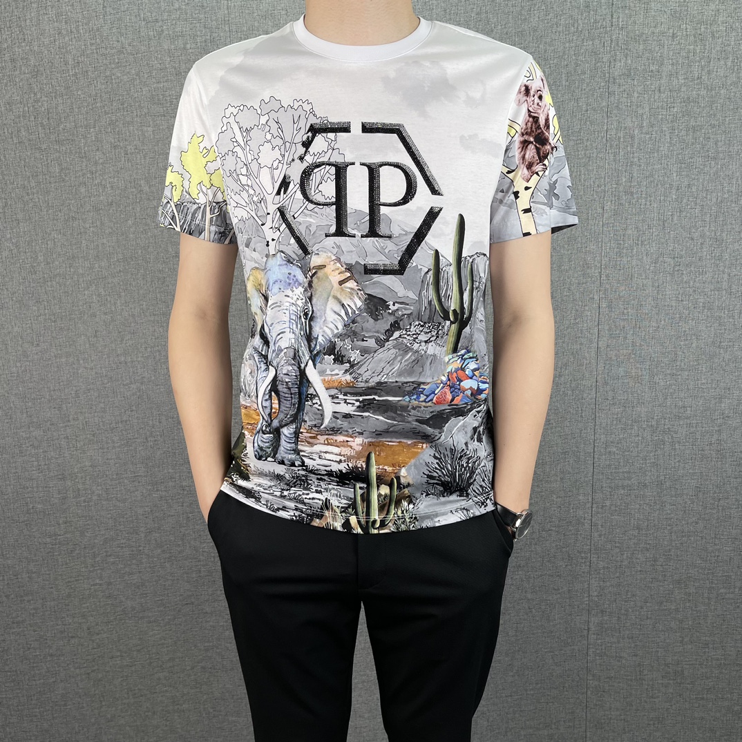 Philipp Plein Kleding T-Shirt Grijs Afdrukken Mannen Katoen Lente/Zomercollectie Korte mouw