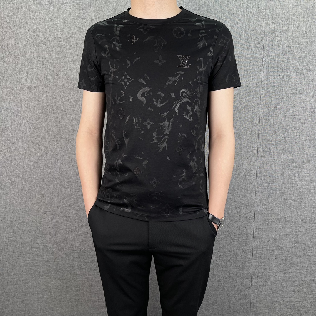 Louis Vuitton Kleding T-Shirt Zwart Grijs Wit Mannen Katoen Stof Lente/Zomercollectie Korte mouw