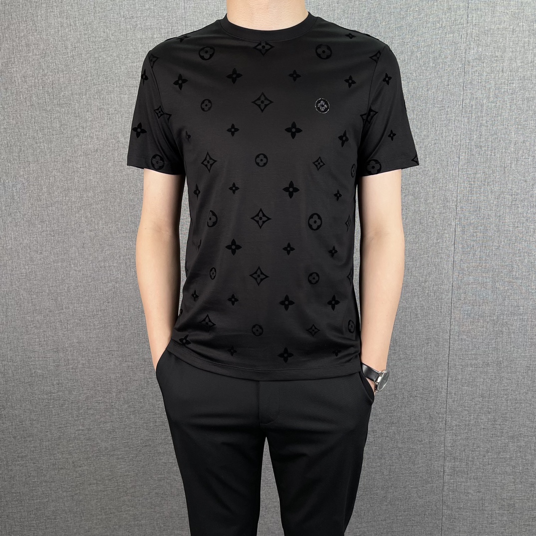 Louis Vuitton Kleding T-Shirt Zwart Grijs Wit Mannen Katoen Stof Lente/Zomercollectie Korte mouw