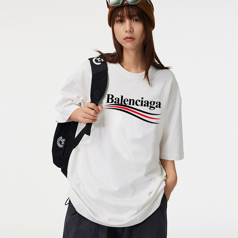 Balenciaga Clothing T-Shirt Black White Printing Combed Cotton Short Sleeve