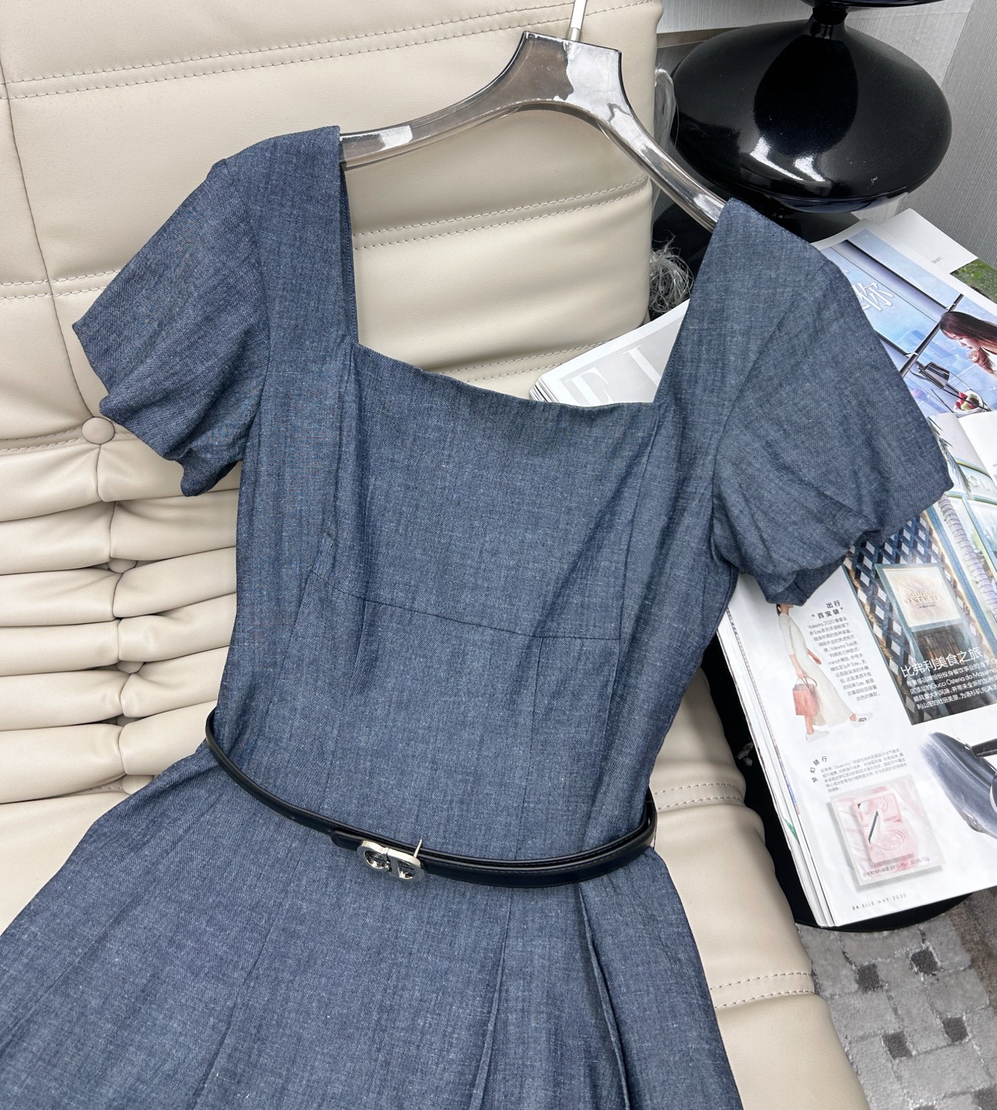 Blue Puff Sleeve Midi Dress with Belt - Elegant Spring Fashion 3 i1745060259265 8151 0 1