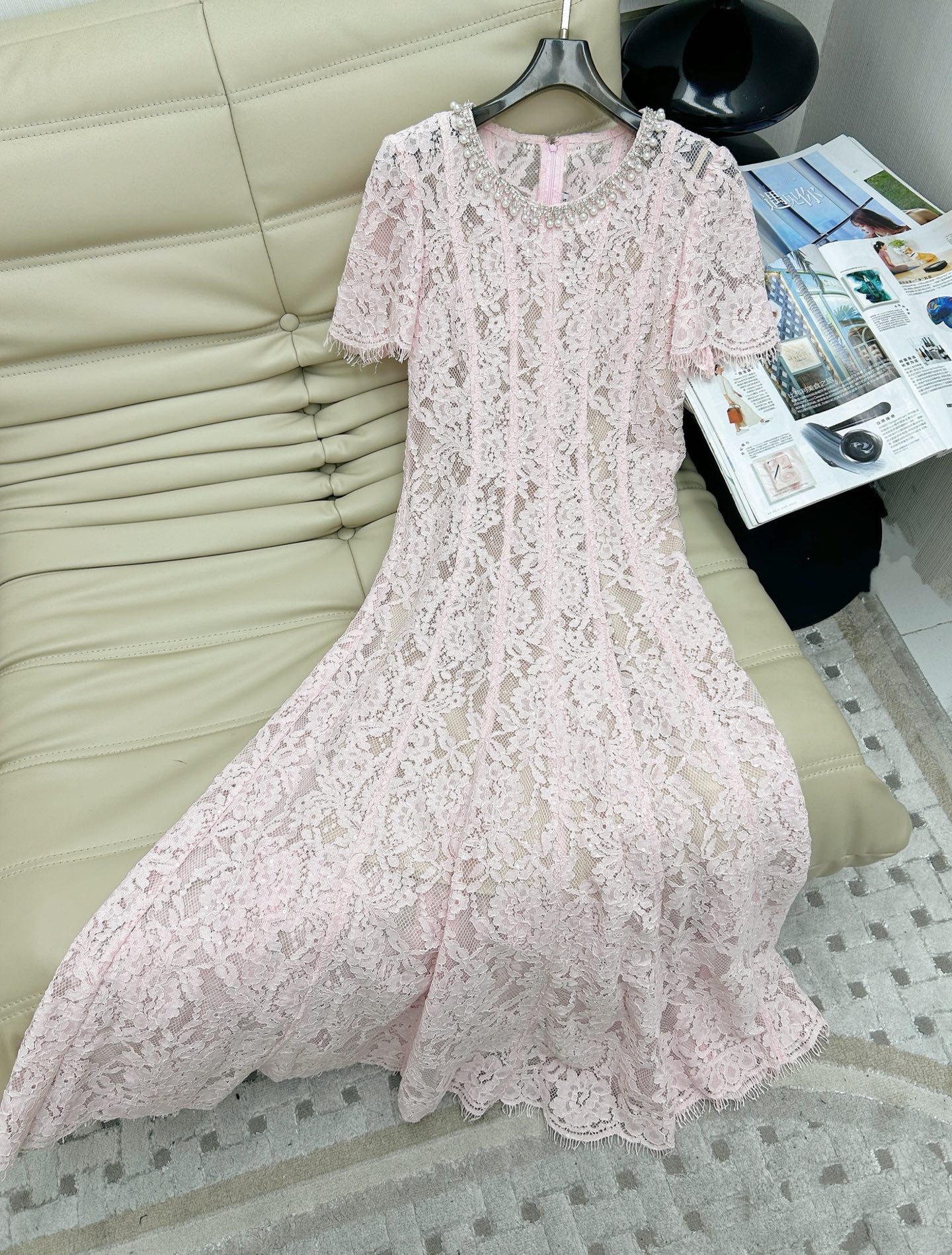 Elegant Pink Lace Dress with Pearl and Diamond Embellishments - Summer Ready 2 i1745147716296 129 0 0