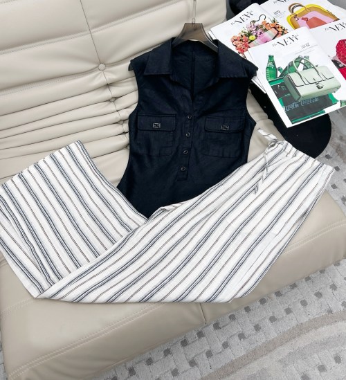 Linen Blend Two-Piece Set: Sleeveless Top & Striped High-Waisted Pants 1 Linen Blend Two-Piece Set: Sleeveless Top & Striped High-Waisted Pants