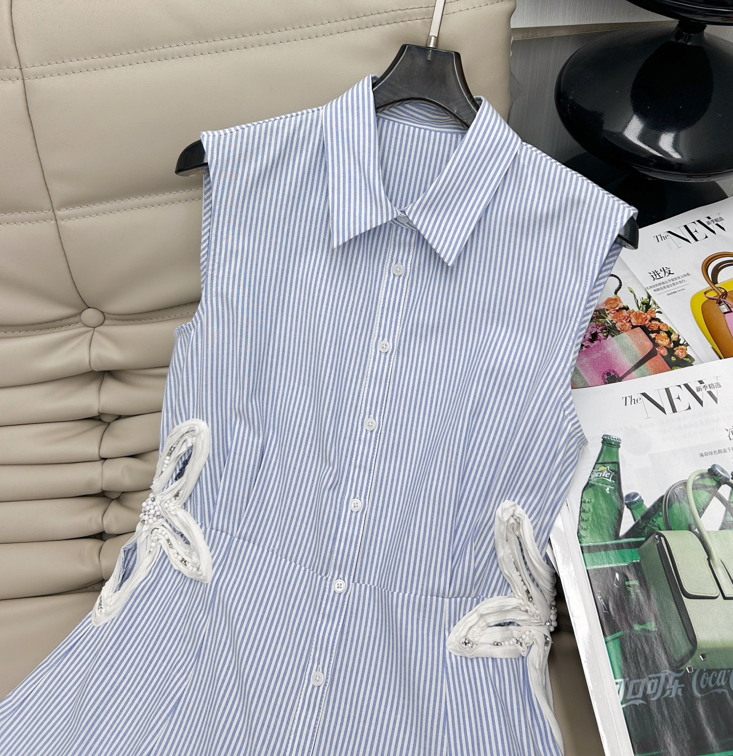 Striped Polo Collar Sleeveless Dress, Blue and White, Elegant Floral Detail 3 i1748602753555 326 0 1