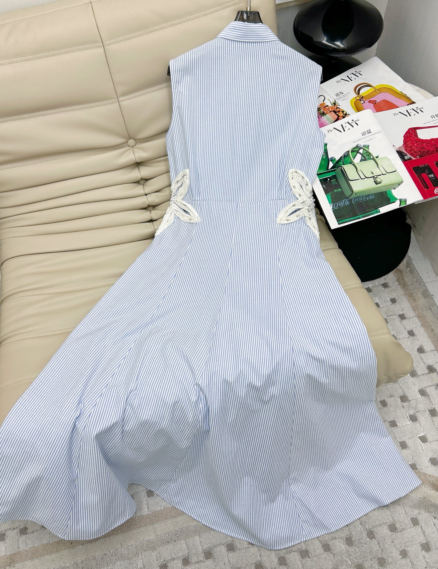 Striped Polo Collar Sleeveless Dress, Blue and White, Elegant Floral Detail 7 i1748602753626 2039 0 5